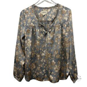 Denim Supply Size M Satin Floral Print Blouse Blue Beige Top Pullover